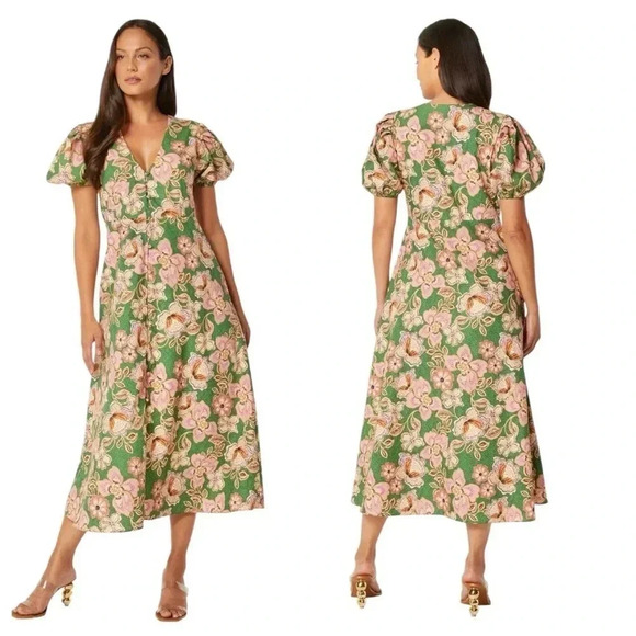 MISA | Betty Balloon Sleeve Cotton V-Neck Long Dress Kelly Blossoms Size L - Picture 1 of 15
